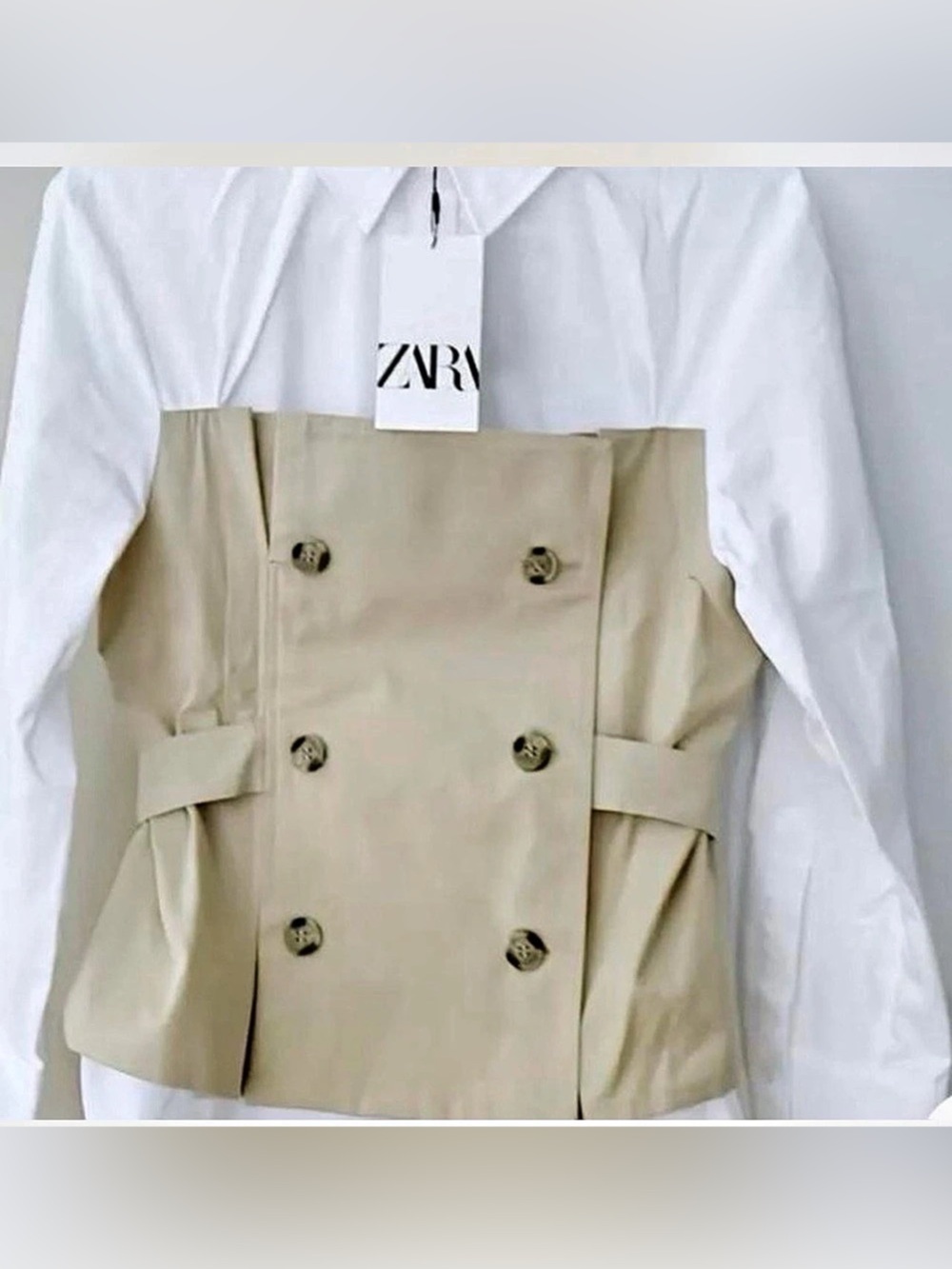Zara Trench Style corset Combination Shirt Beige & White Size XS NWT